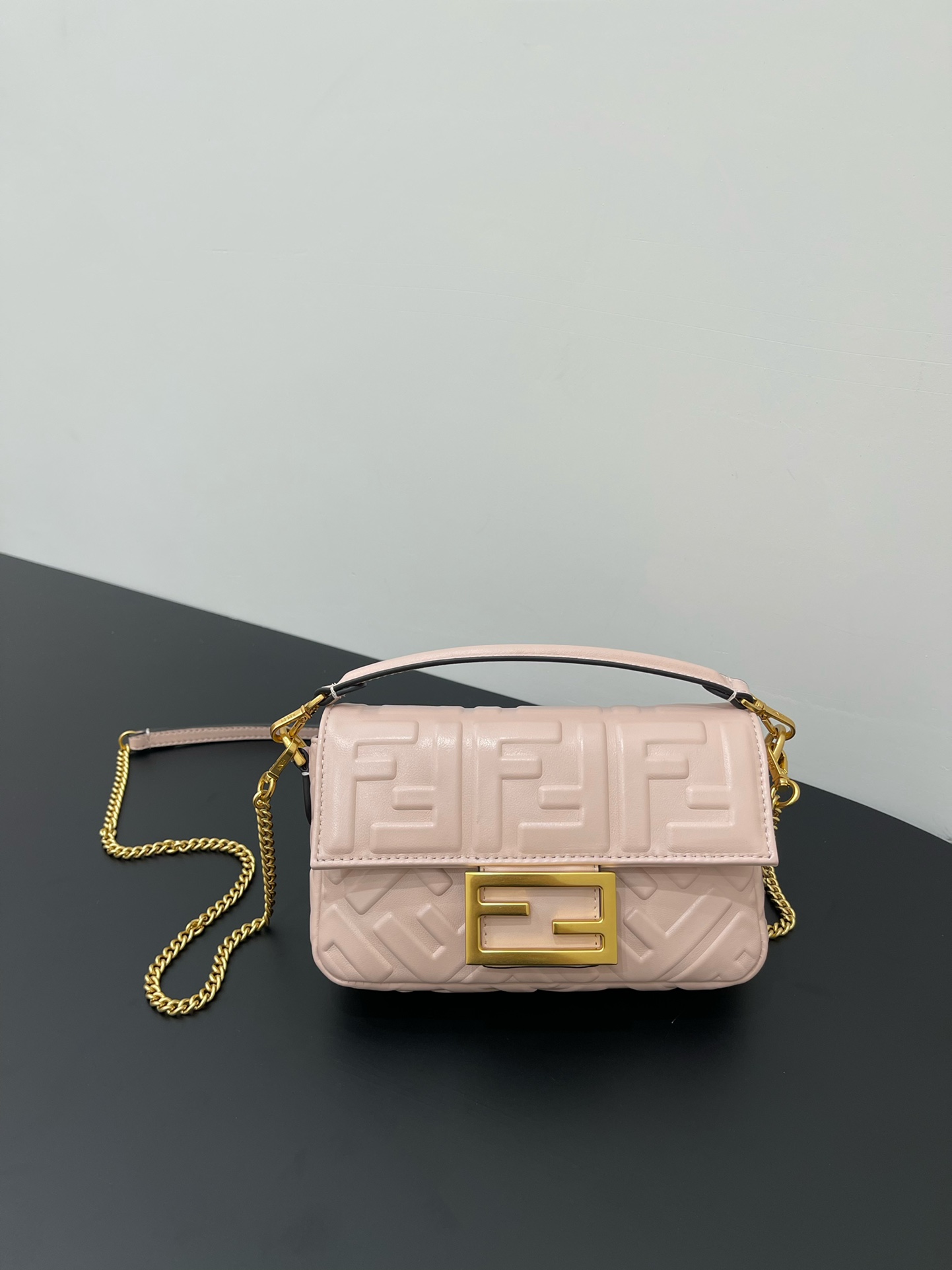 Fendi Mini Baguette Nappa Leather 3D-effect FF Shoulder Bag Shrimp Pink